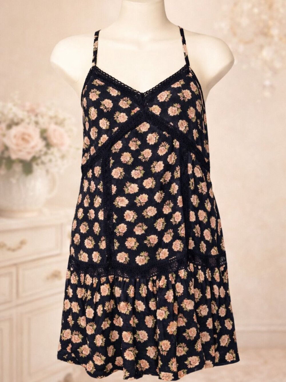 AE Boho Floral Fairycore Mini Dress  Spaghetti Strap Cottagecore Romantic Ruffle